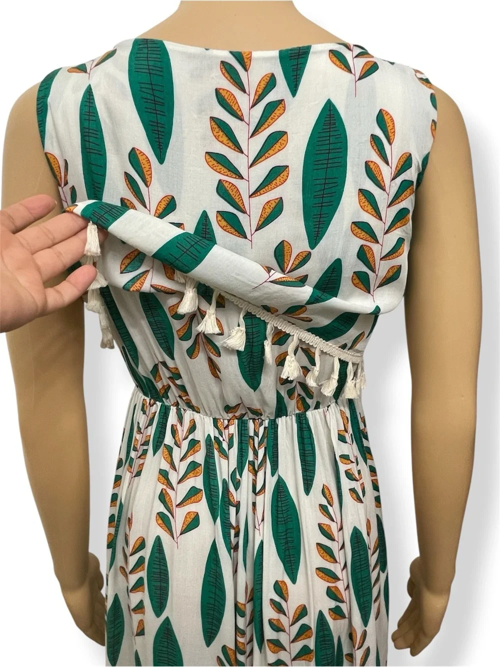 Cotton Sleeveless Leaf Print Tassel Hem Summer Mini Dress - White/Green size S - Picture 3 of 7